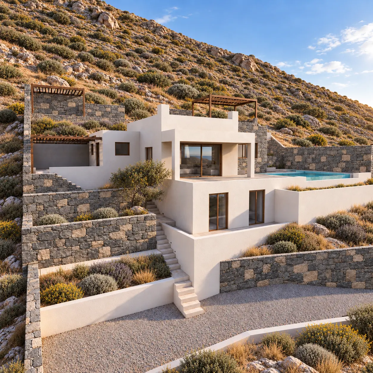 Architectural rendering of a villa with stone terraces, roof pergolas and a pool