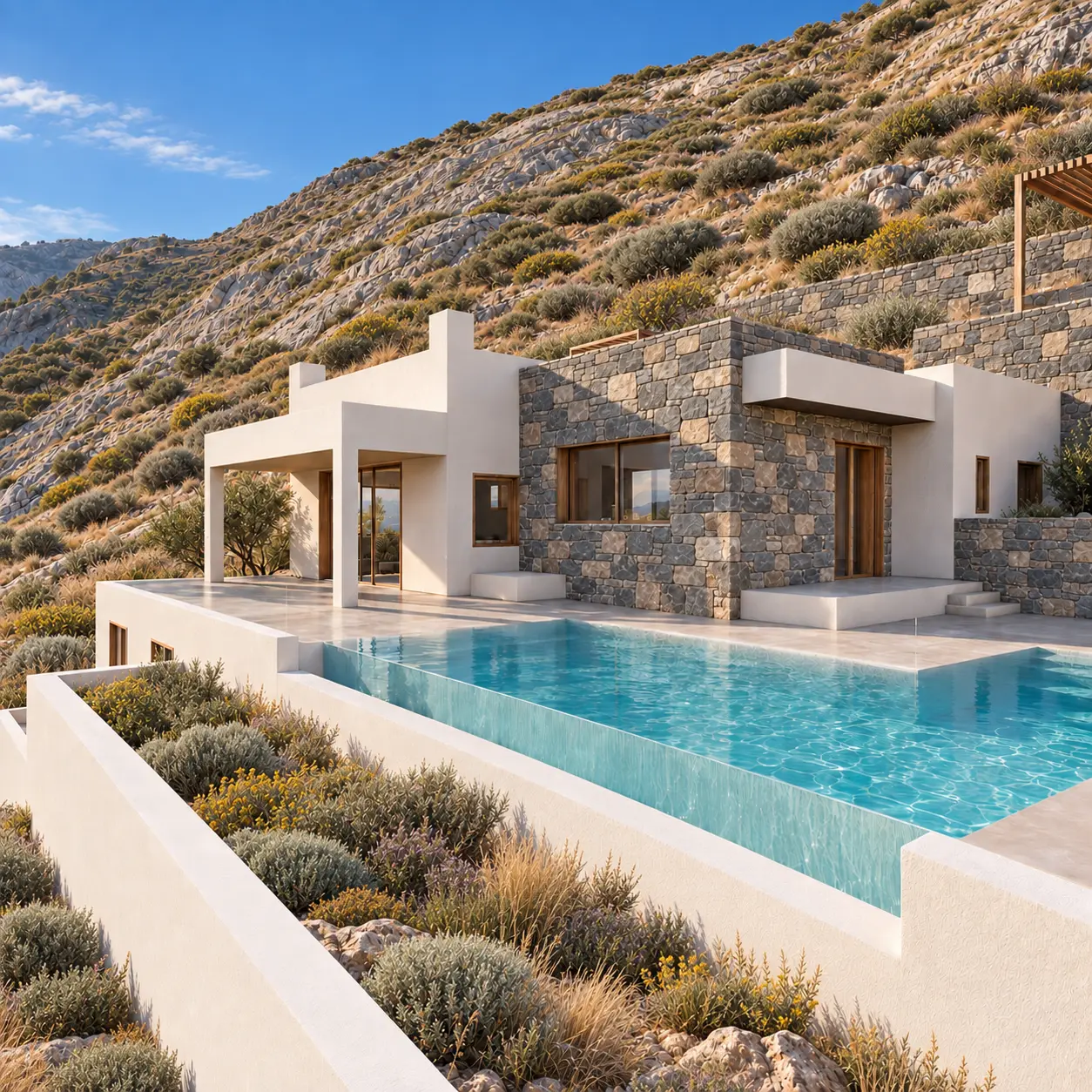 Villa with pool at dusk among the hills above Plaka, Elounda