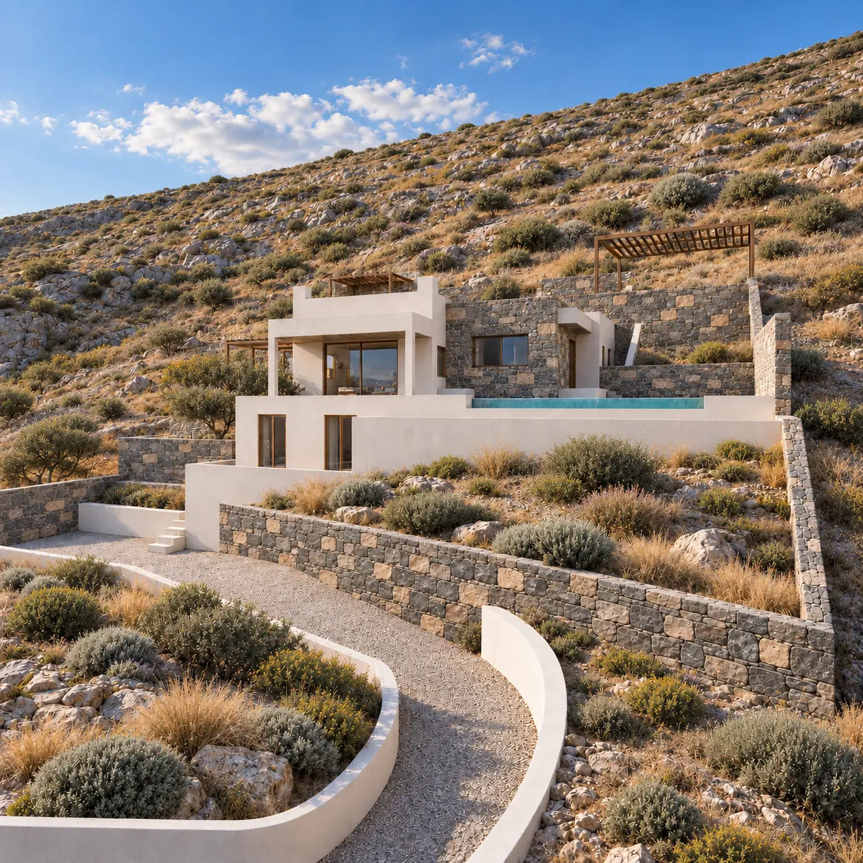 Architectural rendering of a hillside villa framed by native planting and stone walls
