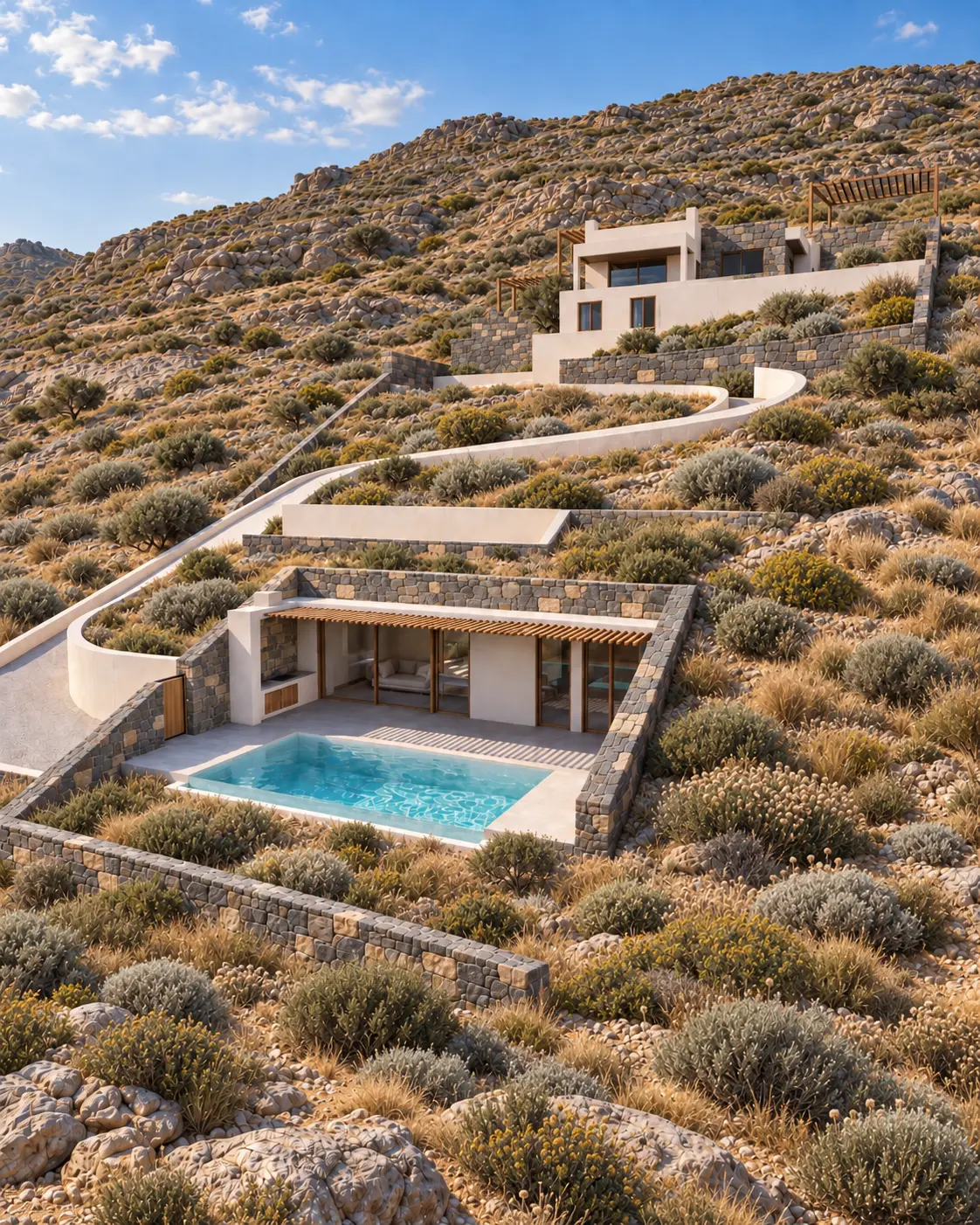Architectural rendering of hillside villas with curved access paths and a private pool