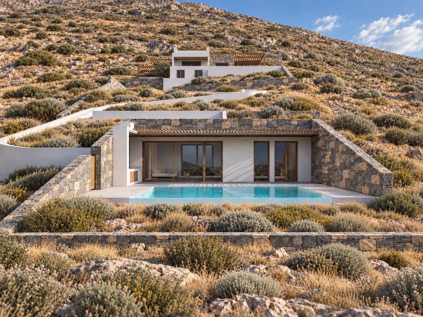 Architectural rendering of two villas integrated into a rocky hillside above a pool